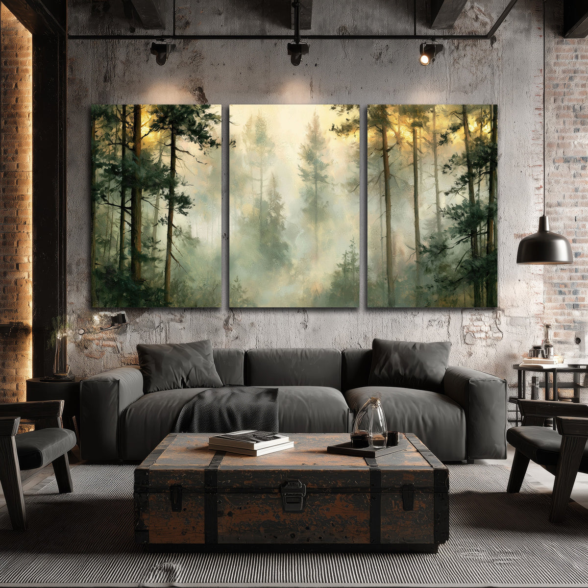 Golden misty pine forest painting 3 piece canvas wall art in an industrial loft