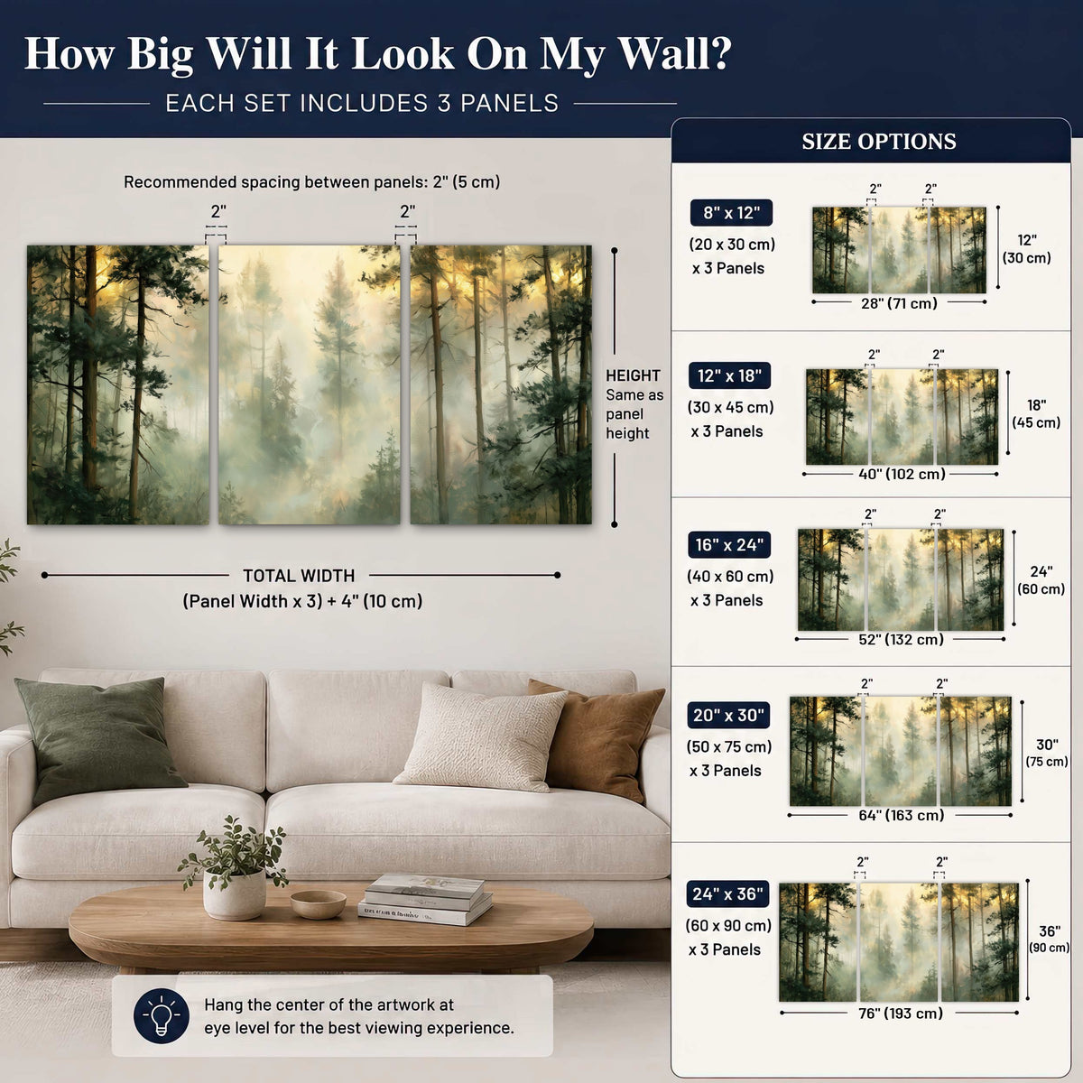 Golden misty pine forest painting 3 piece canvas wall art size guide above a sofa