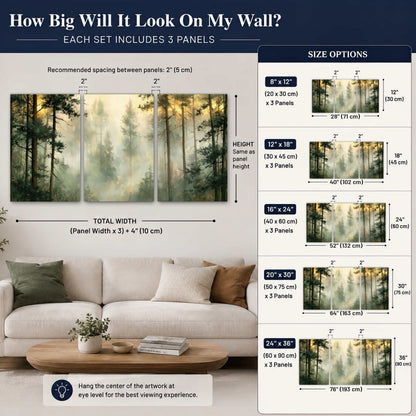 Golden misty pine forest painting 3 piece canvas wall art size guide above a sofa