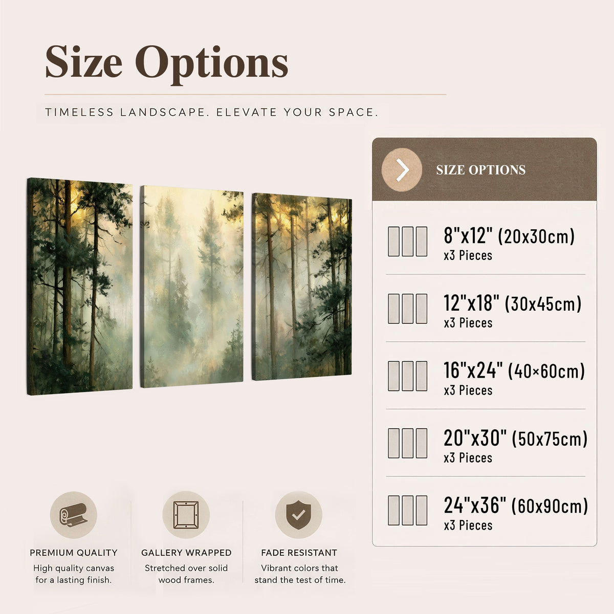Golden misty pine forest painting 3 piece canvas wall art size options