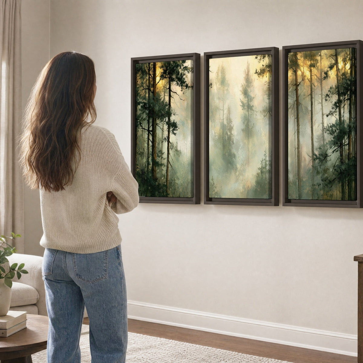 Golden misty pine forest painting 3 piece framed canvas in a living room