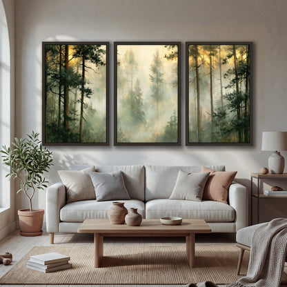Golden misty pine forest painting 3 piece framed canvas in a bright living room