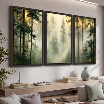 Golden misty pine forest painting 3 piece framed canvas in a living room above a console