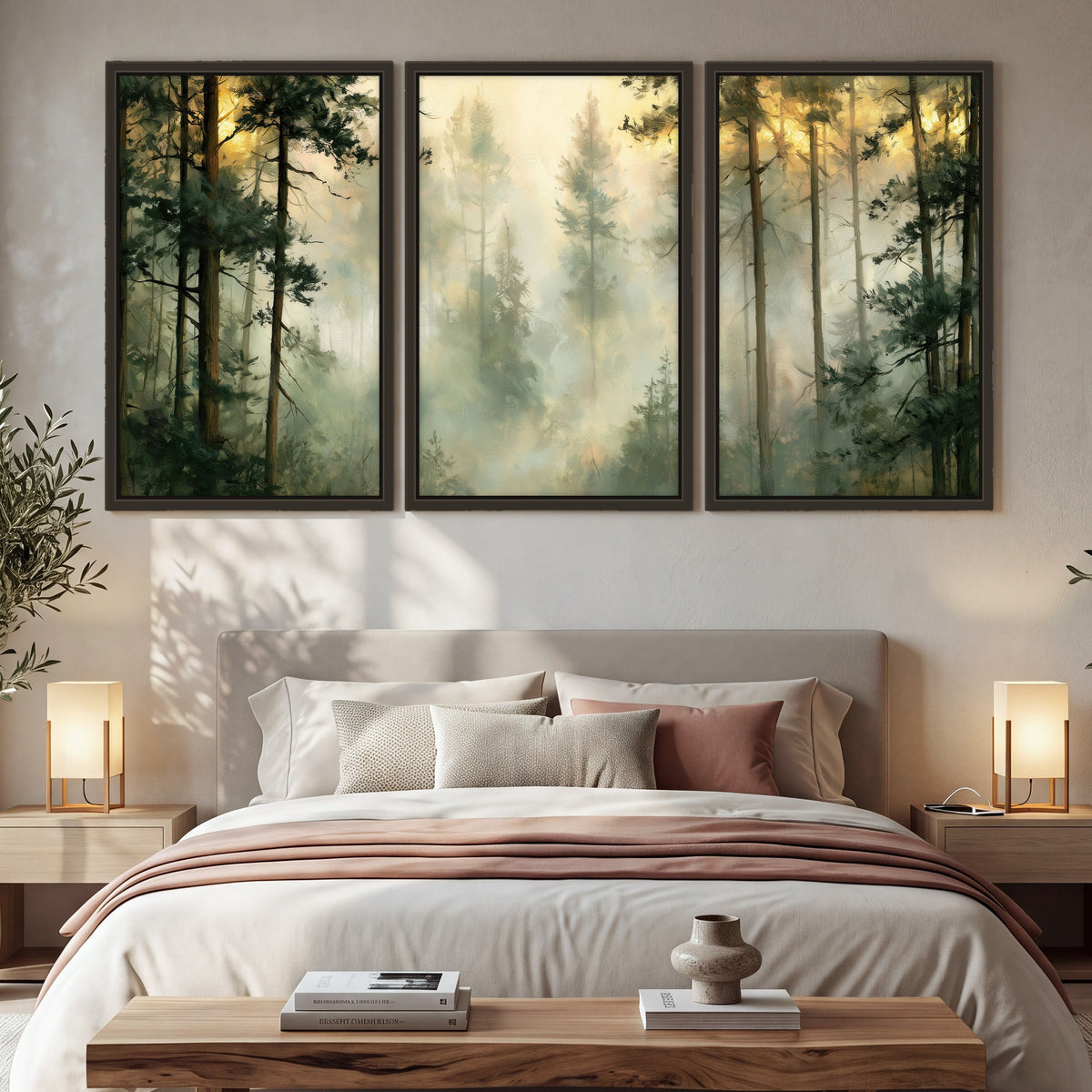 Golden misty pine forest painting 3 piece framed canvas in a bedroom above the bed