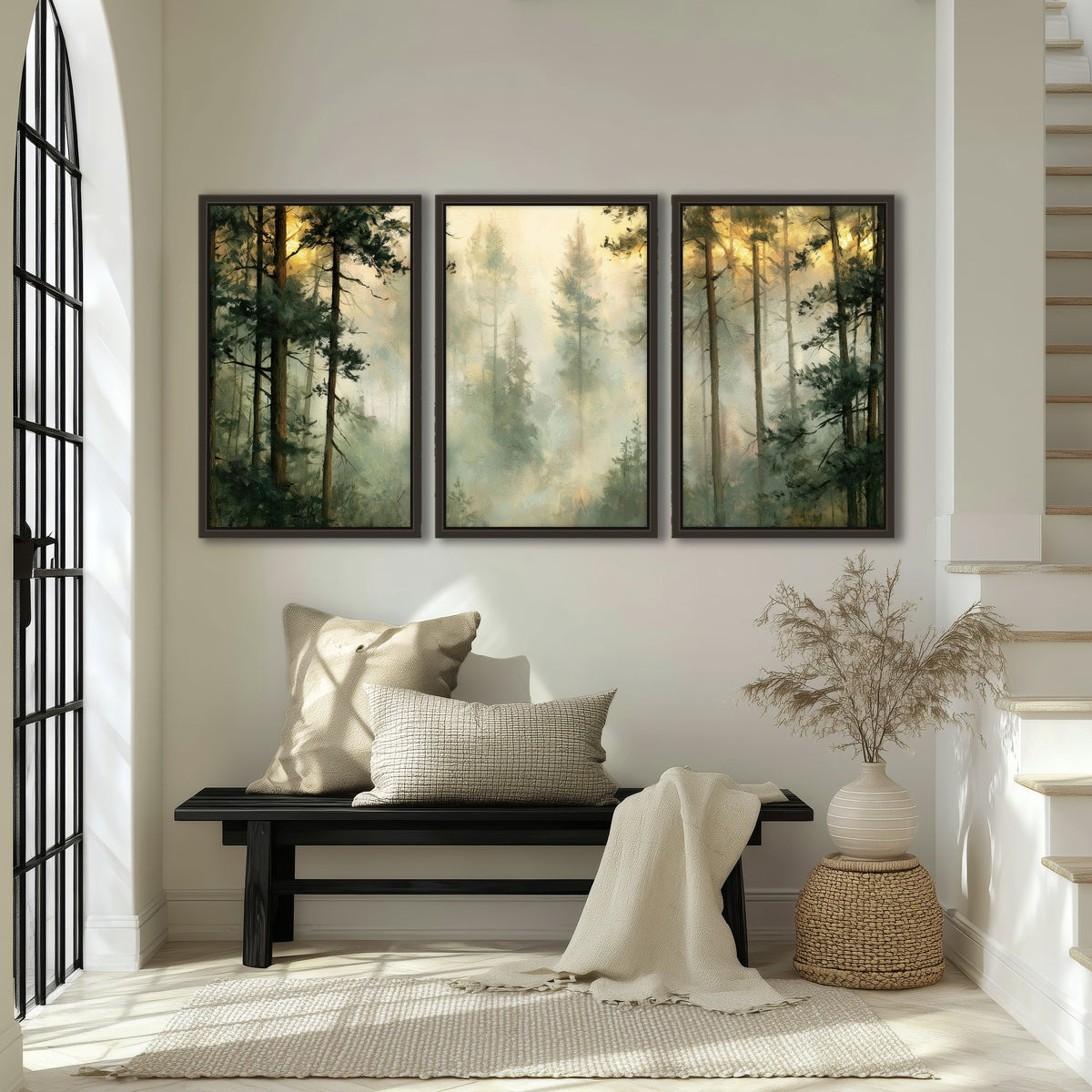 Golden misty pine forest painting 3 piece framed canvas in an entryway above a bench