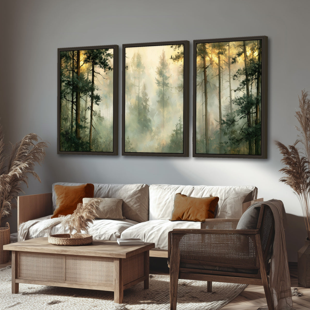 Golden misty pine forest painting 3 piece framed canvas in a rustic living room