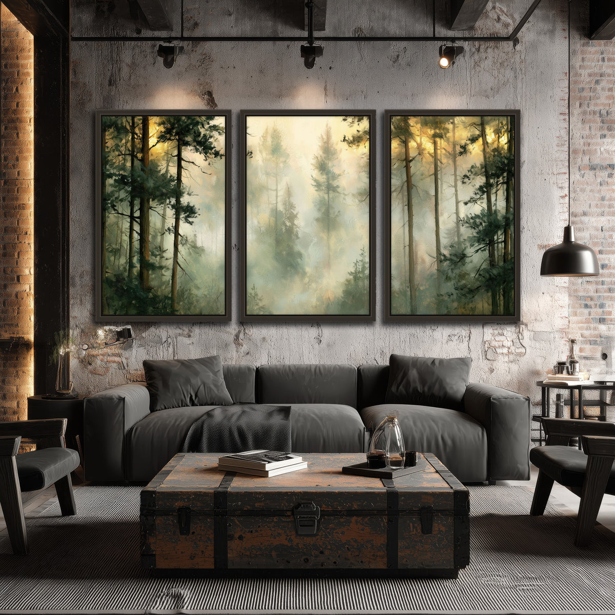 Golden misty pine forest painting 3 piece framed canvas in an industrial loft
