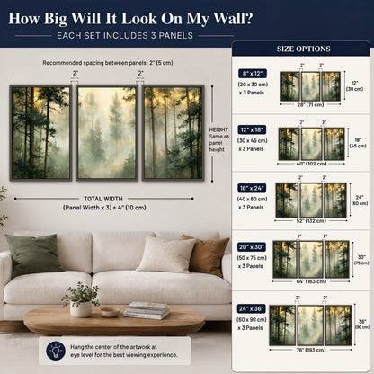 Golden misty pine forest painting 3 piece framed canvas size guide above a sofa