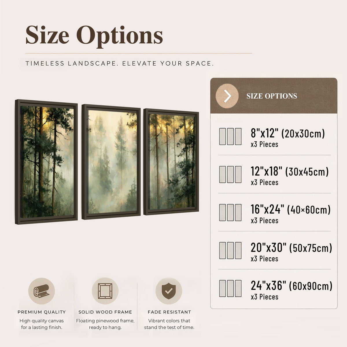 Golden misty pine forest painting 3 piece framed canvas size options