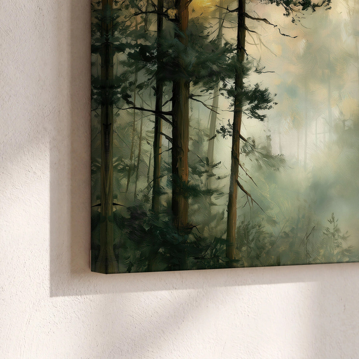 Golden misty pine forest painting canvas print close-up showing the gallery-wrapped edge