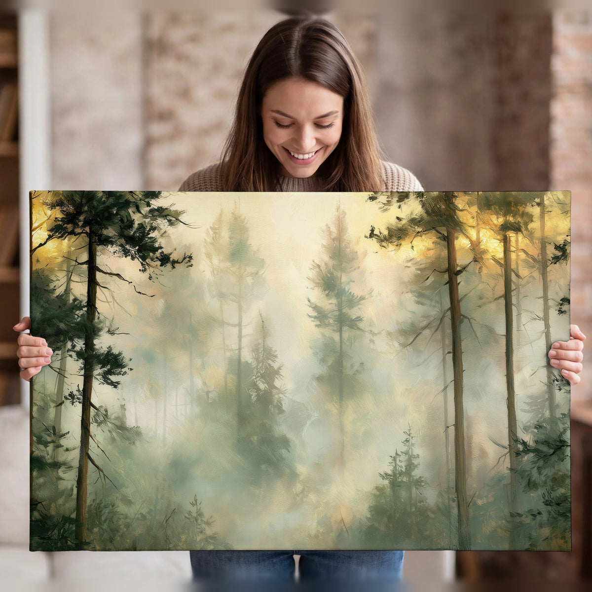 Golden misty pine forest painting canvas wall art held in hands
