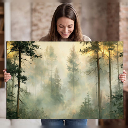 Golden misty pine forest painting canvas wall art held in hands