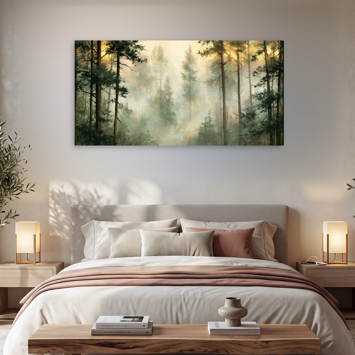 Golden misty pine forest painting canvas wall art in a bedroom above the bed