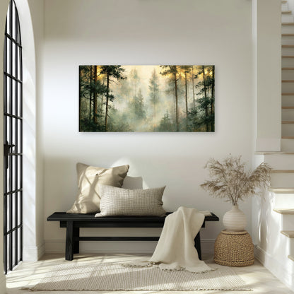 Golden misty pine forest painting canvas wall art in an entryway above a bench