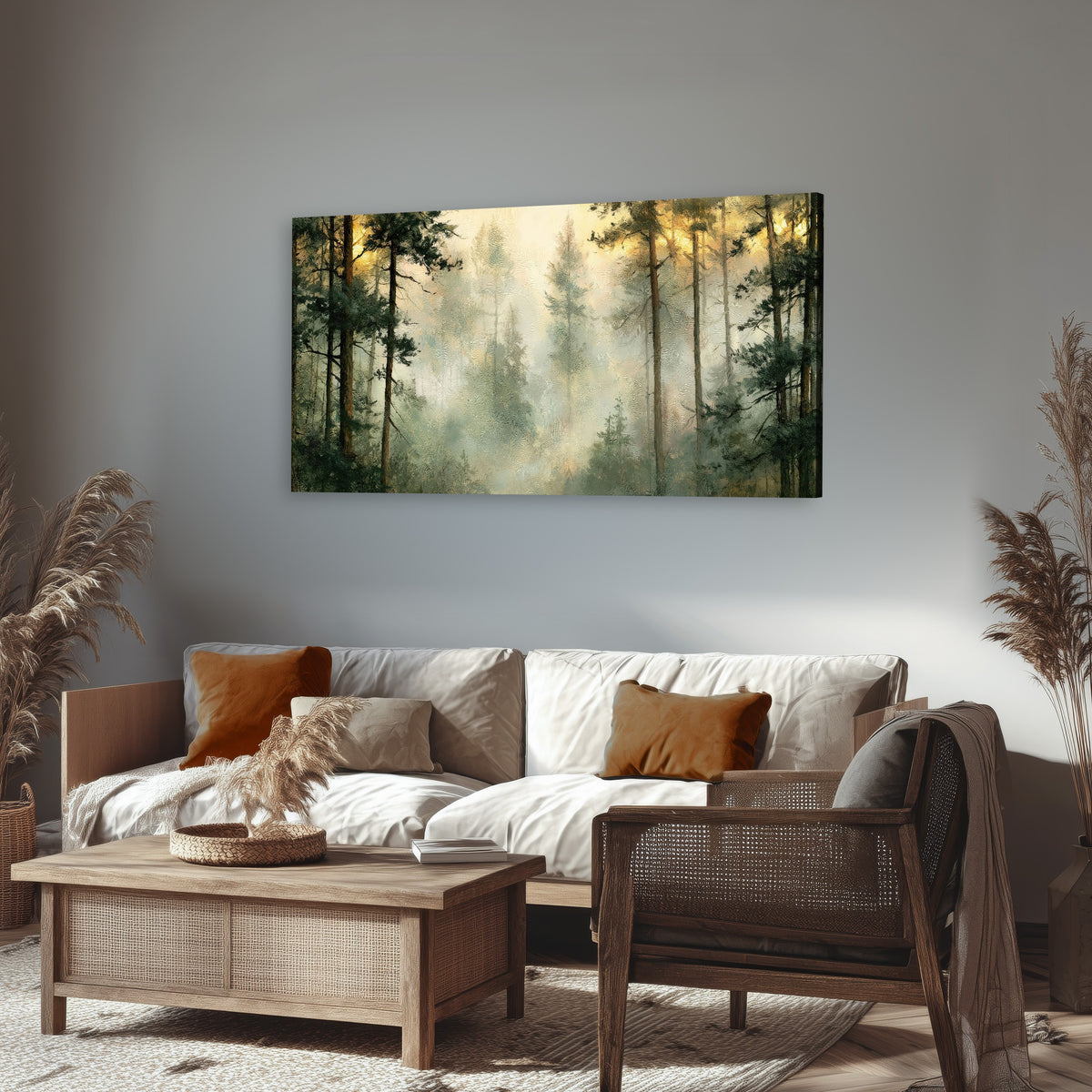 Golden misty pine forest painting canvas wall art in a rustic living room