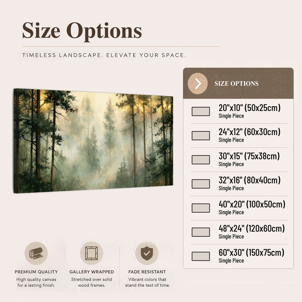 Golden misty pine forest painting canvas wall art size options