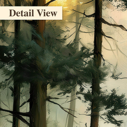Golden misty pine forest painting detail close-up