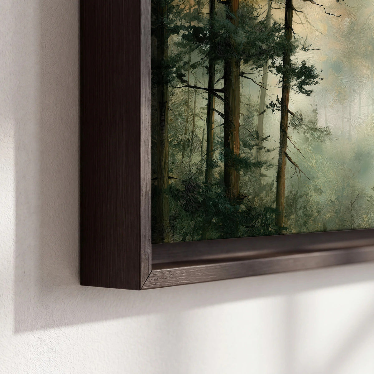 Golden misty pine forest painting framed canvas close-up showing the floating frame