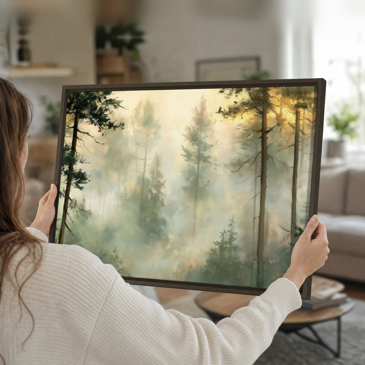 Golden misty pine forest painting framed canvas held in hands