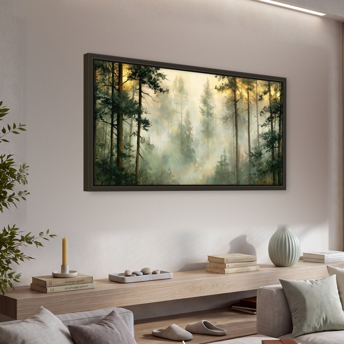 Golden misty pine forest painting framed canvas wall art in a living room above a console