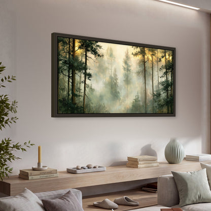 Golden misty pine forest painting framed canvas wall art in a living room above a console