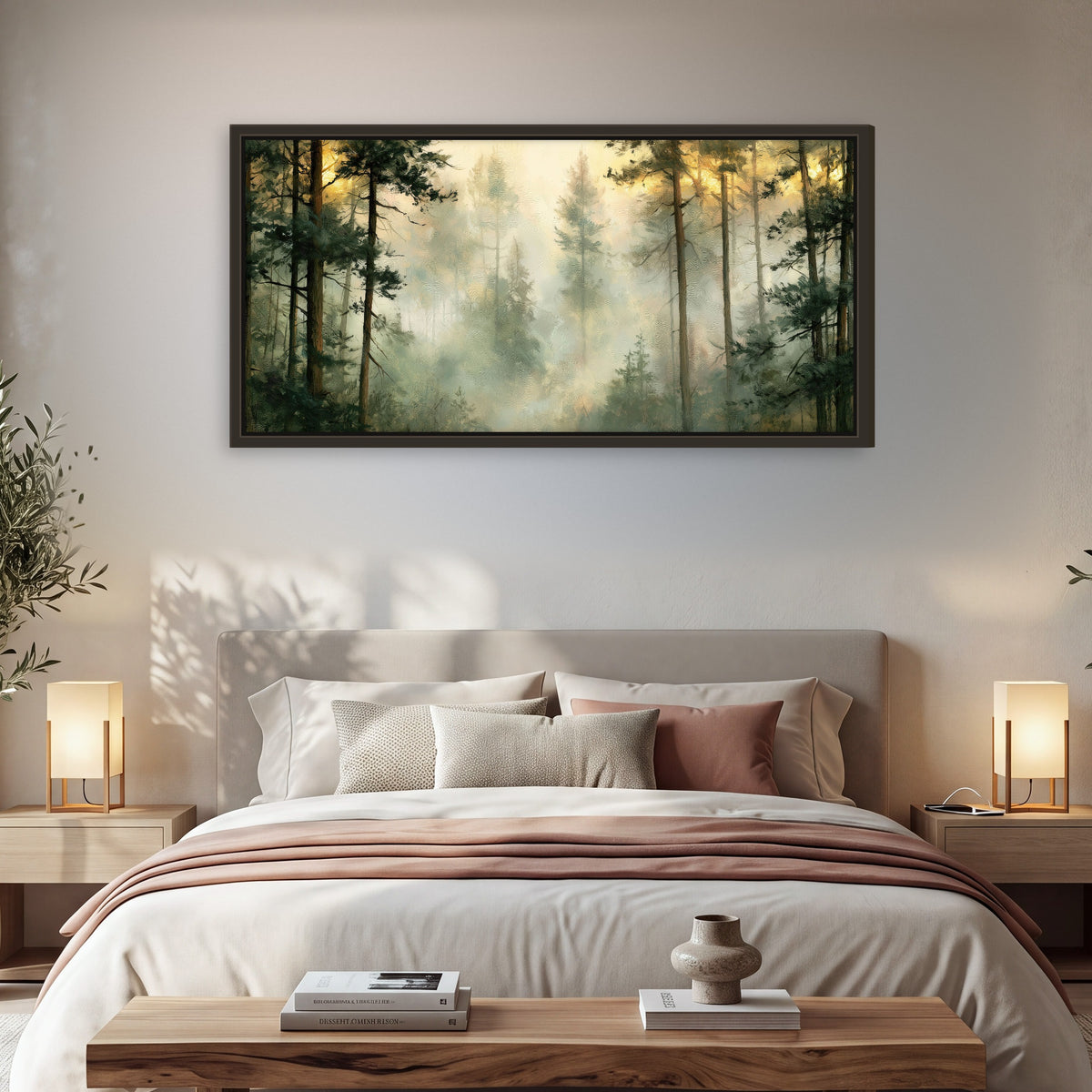 Golden misty pine forest painting framed canvas wall art in a bedroom above the bed