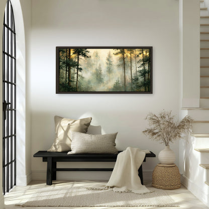 Golden misty pine forest painting framed canvas wall art in an entryway above a bench