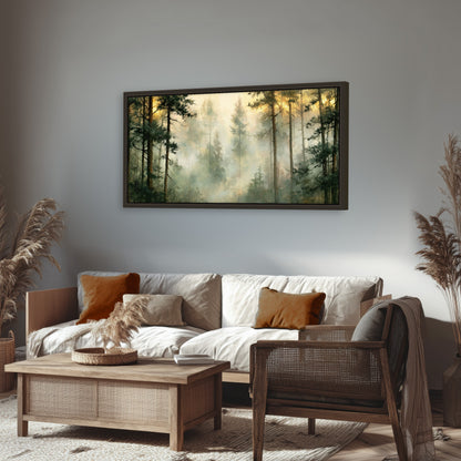 Golden misty pine forest painting framed canvas wall art in a rustic living room