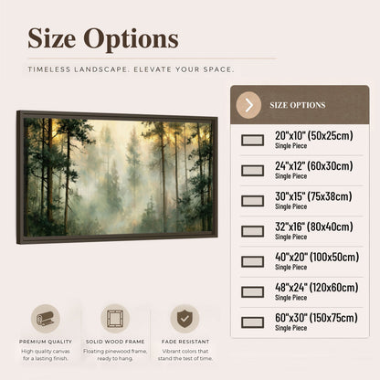 Golden misty pine forest painting framed canvas wall art size options