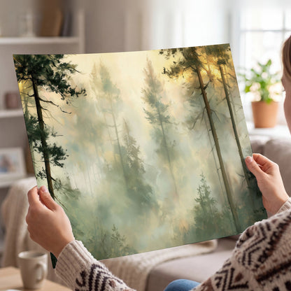 Golden misty pine forest painting poster print held in hands