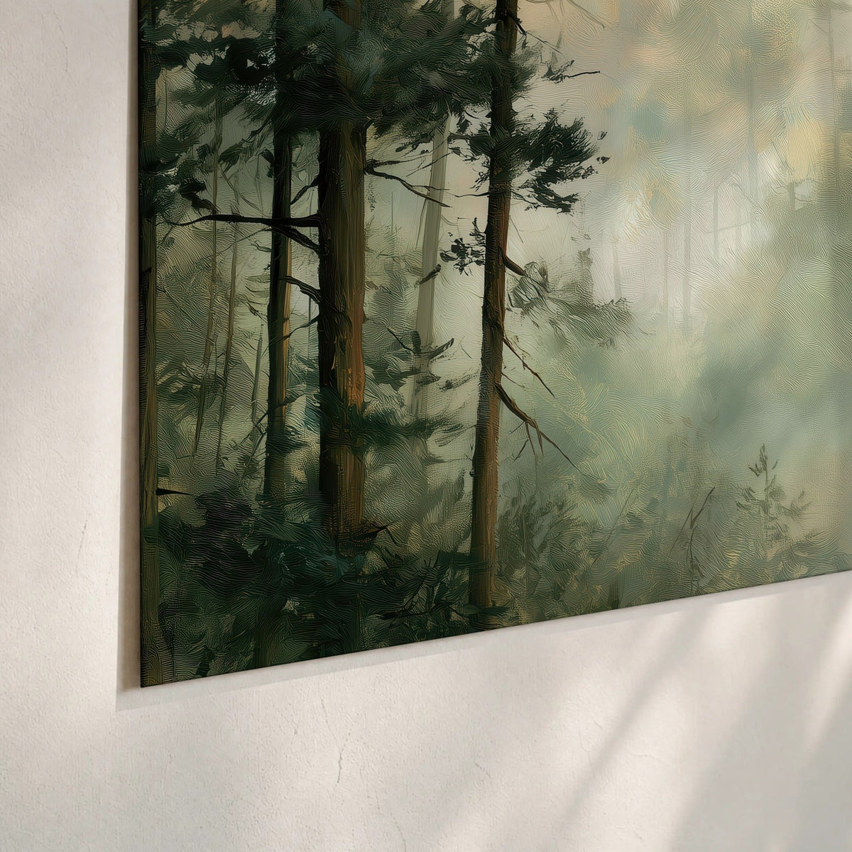 Golden misty pine forest painting poster print close-up on matte paper