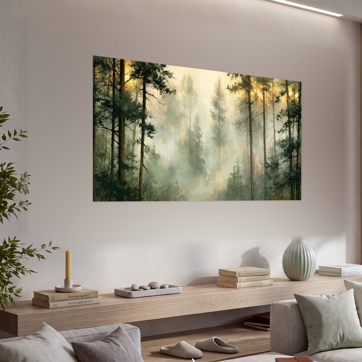 Golden misty pine forest painting poster print in a living room above a console