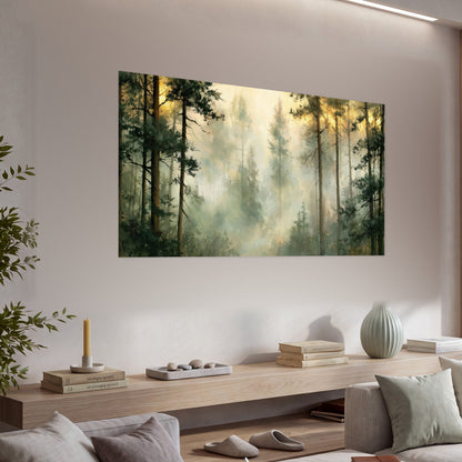 Golden misty pine forest painting poster print in a living room above a console