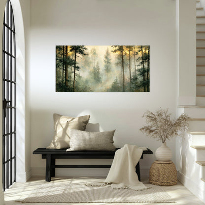 Golden misty pine forest painting poster print in an entryway above a bench