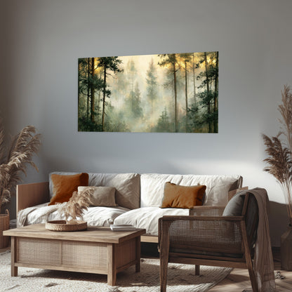 Golden misty pine forest painting poster print in a rustic living room