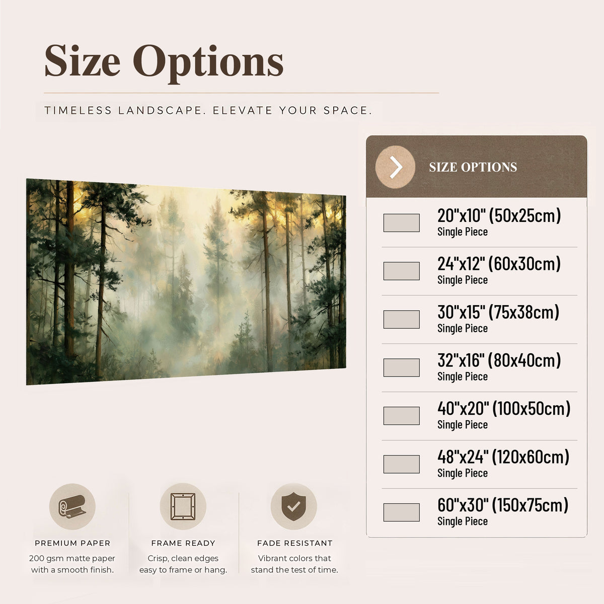 Golden misty pine forest painting poster print size options