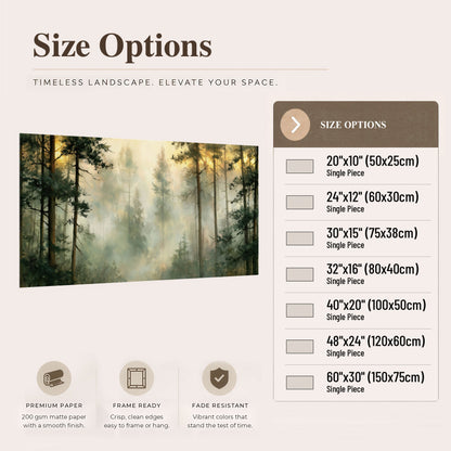 Golden misty pine forest painting poster print size options