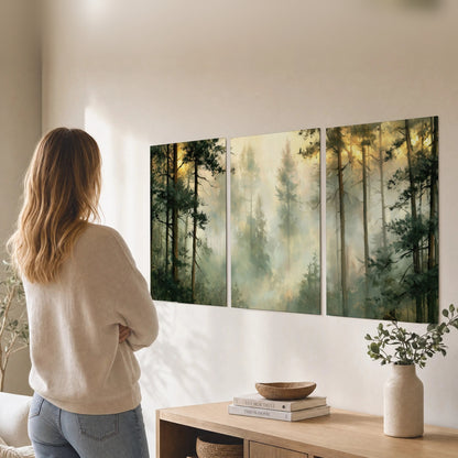 Golden misty pine forest painting set of 3 poster prints in a living room