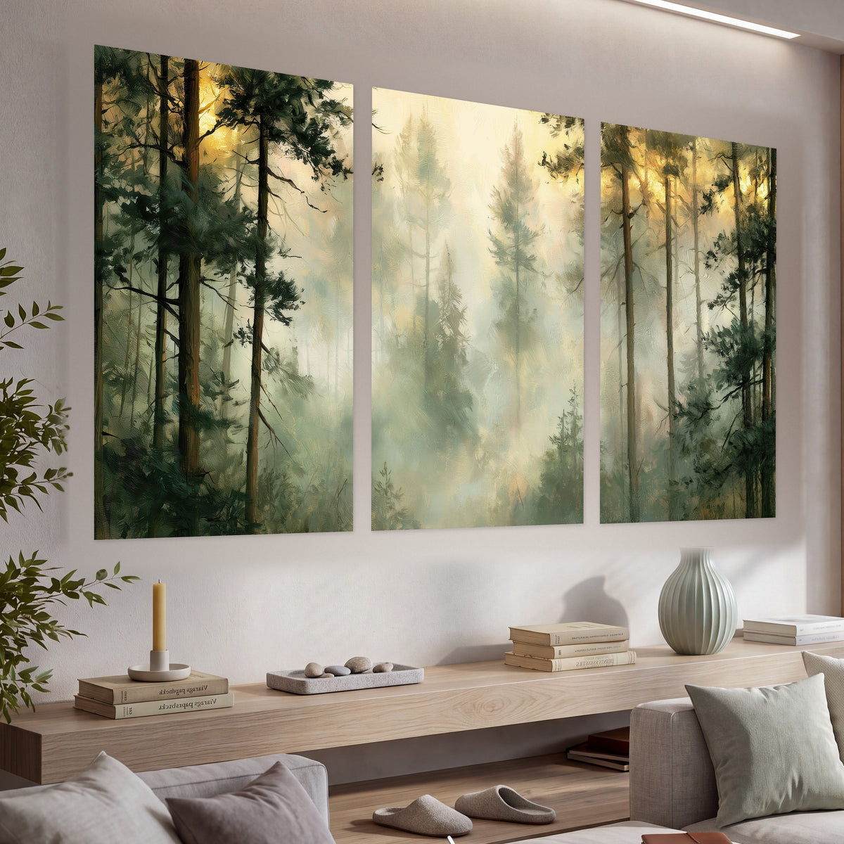 Golden misty pine forest painting set of 3 poster prints in a living room above a console