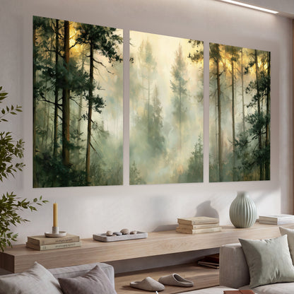 Golden misty pine forest painting set of 3 poster prints in a living room above a console