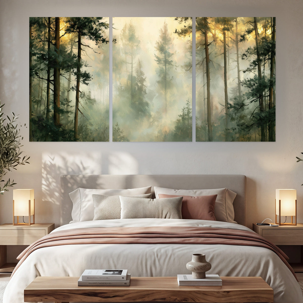 Golden misty pine forest painting set of 3 poster prints in a bedroom above the bed