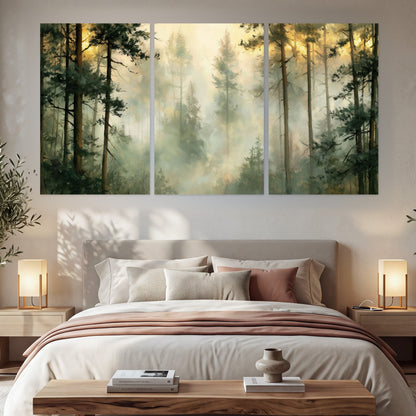 Golden misty pine forest painting set of 3 poster prints in a bedroom above the bed