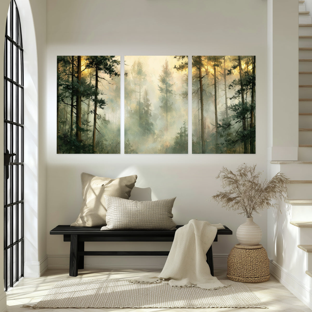 Golden misty pine forest painting set of 3 poster prints in an entryway above a bench