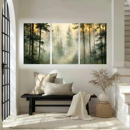 Golden misty pine forest painting set of 3 poster prints in an entryway above a bench