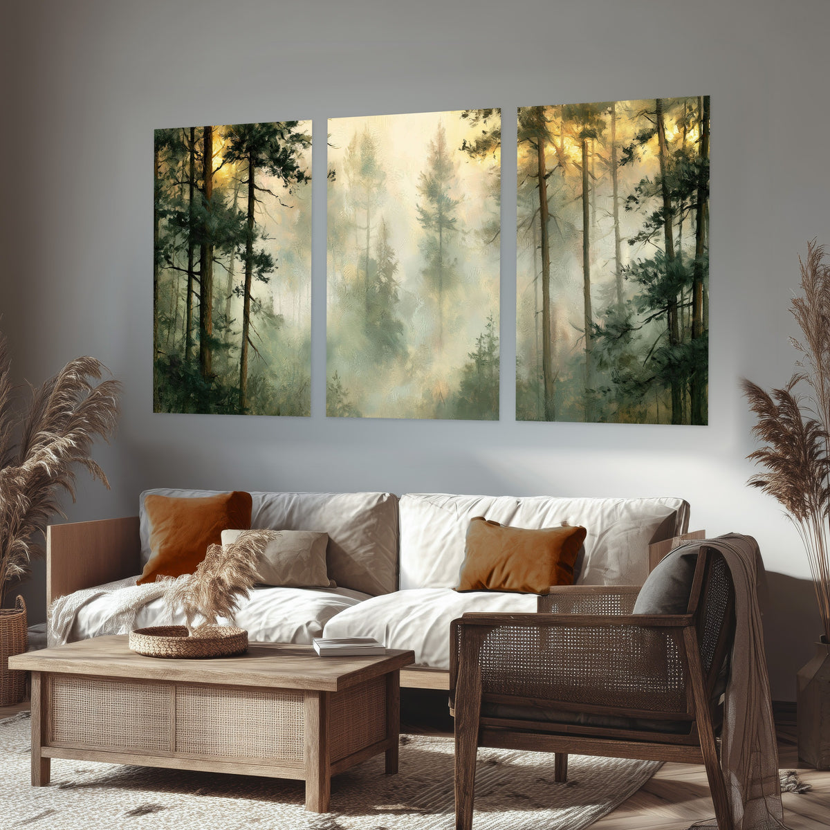 Golden misty pine forest painting set of 3 poster prints in a rustic living room