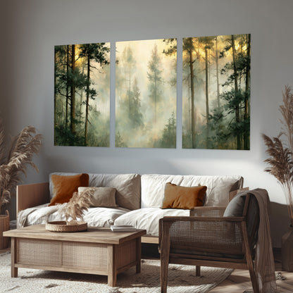 Golden misty pine forest painting set of 3 poster prints in a rustic living room