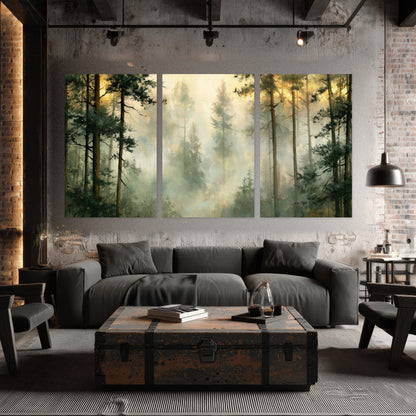 Golden misty pine forest painting set of 3 poster prints in an industrial loft