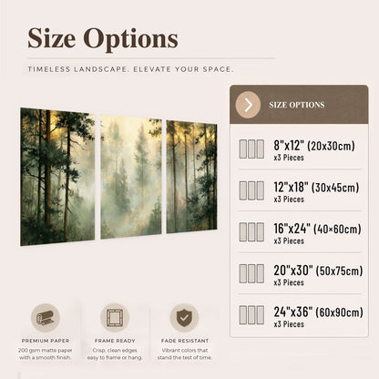 Golden misty pine forest painting set of 3 poster prints size options
