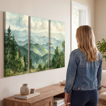 Green mountain valley painting 3 piece canvas wall art in a living room