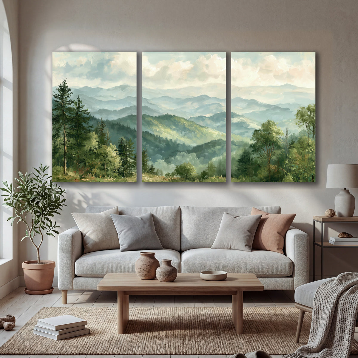 Green mountain valley painting 3 piece canvas wall art in a bright living room